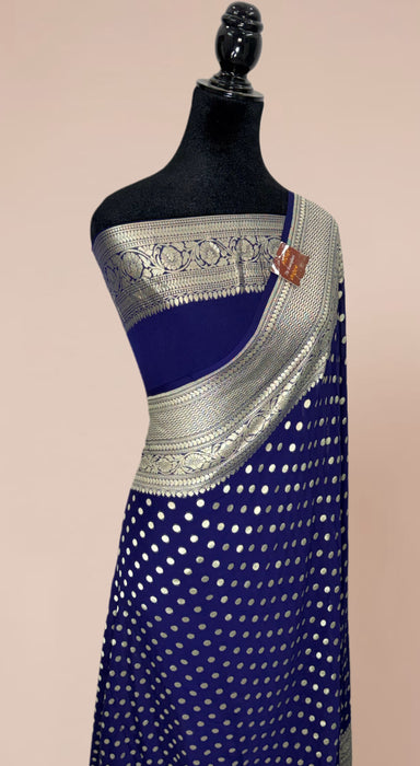 Navy Blue Khaddi Georgette Banarasi Handloom Saree - Water Zari
