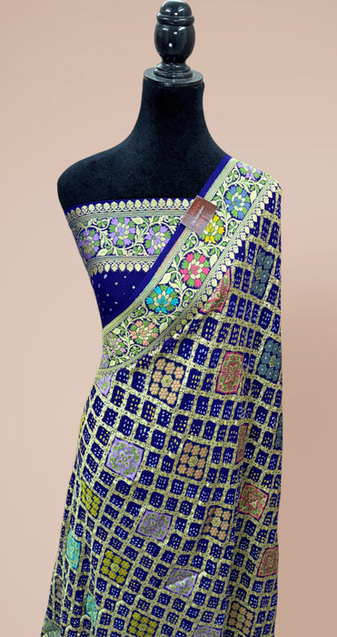 Handwoven German Blue Pure Georgette Bandhani Banarasi Saree - Meenakari Work
