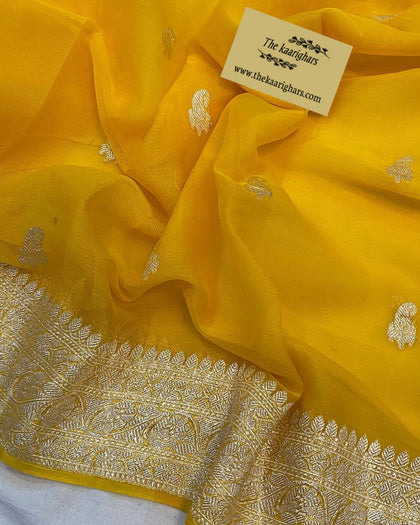 Yellow Pure Kadhwa Chiffon Banarasi Saree