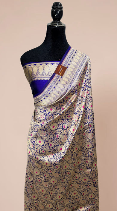 Deep Blue Pure Katan Banarasi Handloom Saree - Meenakari Brocade Work
