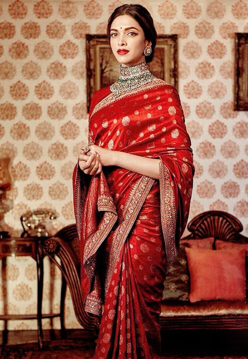 Deepika Padukone Red Pure Katan Silk Banarasi Handloom Saree - Kadhwa Motifs