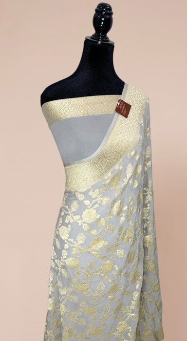 Persian Gray Khaddi Georgette Banarasi Handloom Saree - Water Zari
