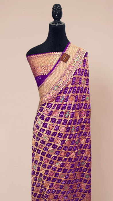 Handwoven Purple Pure Georgette Bandhani Banarasi Saree - Meenakari Work