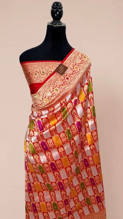 Red Pure Katan Banarasi Handloom Saree - Tilfi Meenakari Work