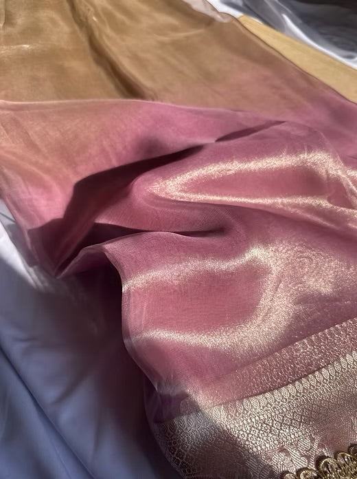 Dual Shade Pink Pure Banarasi Tissue Handloom Saree - Designer Brocade