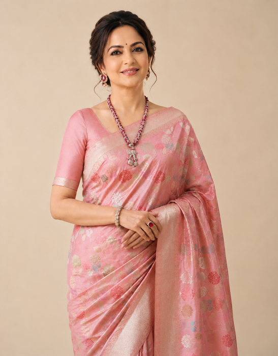 Pink Katan Banarasi Handloom Saree - Sona Roopa Meenakari