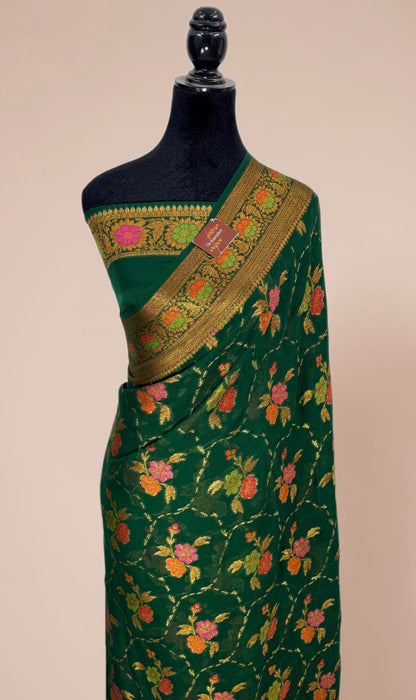 Bottle Green Pure Khaddi Chiffon Banarasi Saree