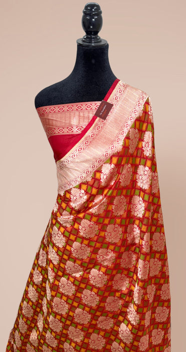 Red Pure Katan Banarasi Handloom Saree - Multi Meenakari