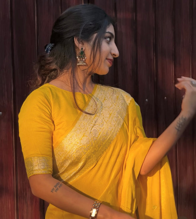 Yellow Pure Kadhwa Chiffon Banarasi Saree