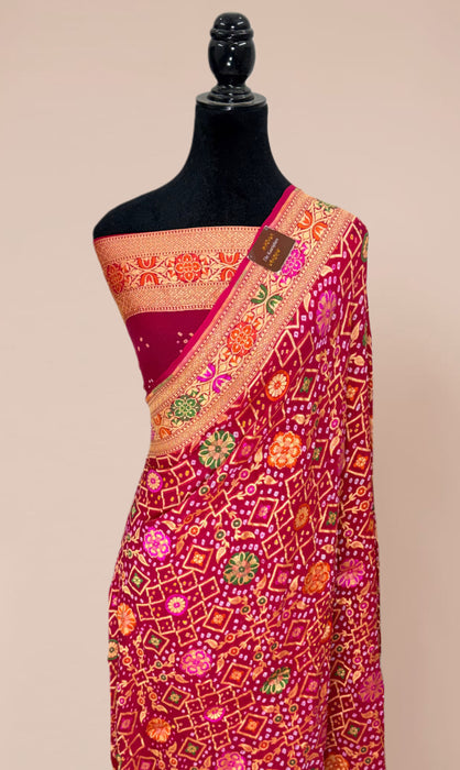 Handwoven Rani Pure Georgette Bandhani Banarasi Saree - Meenakari Work