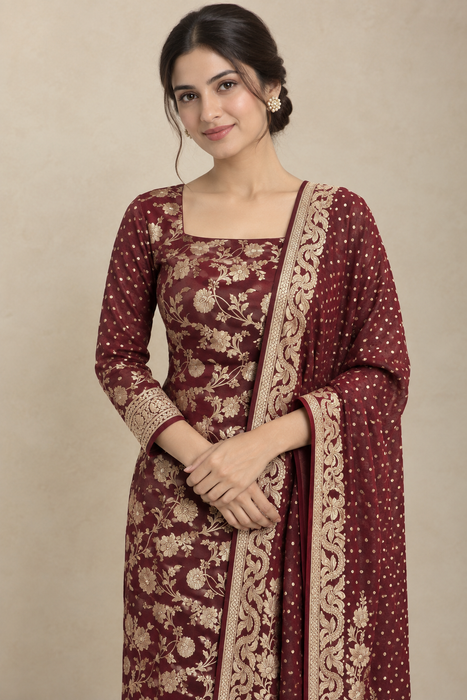 Brown Pure Khaddi Georgette Banarasi Suit
