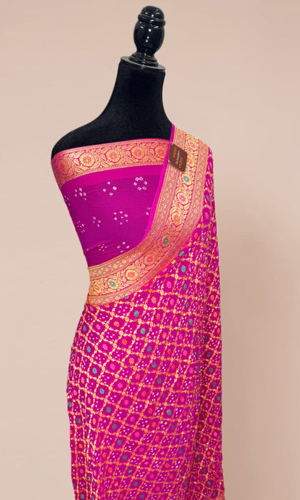 Handwoven Hot Pink Pure Georgette Bandhani Banarasi Saree - Meenakari Work