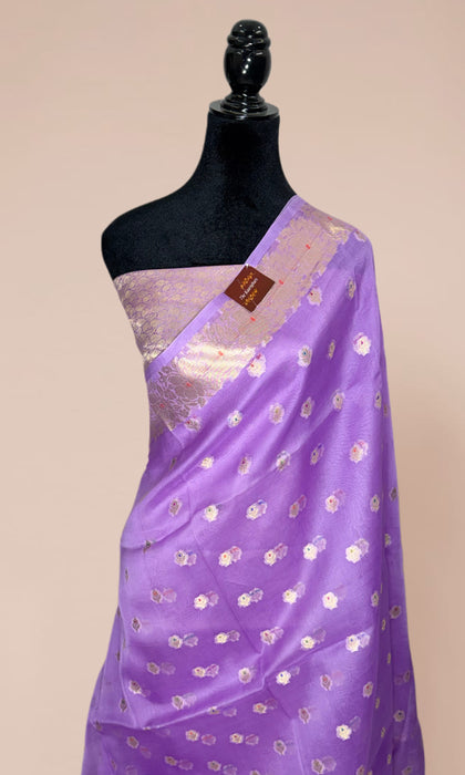Lavender Pure Kora Banarasi Handloom Saree - Meenakari Motifs