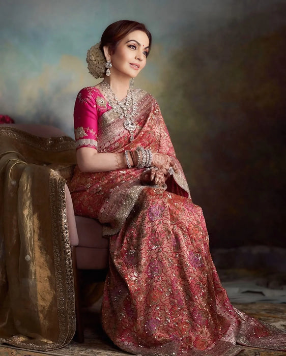 Nita Ambani Pure Katan Banarasi Handloom Saree - All over Zardozi
