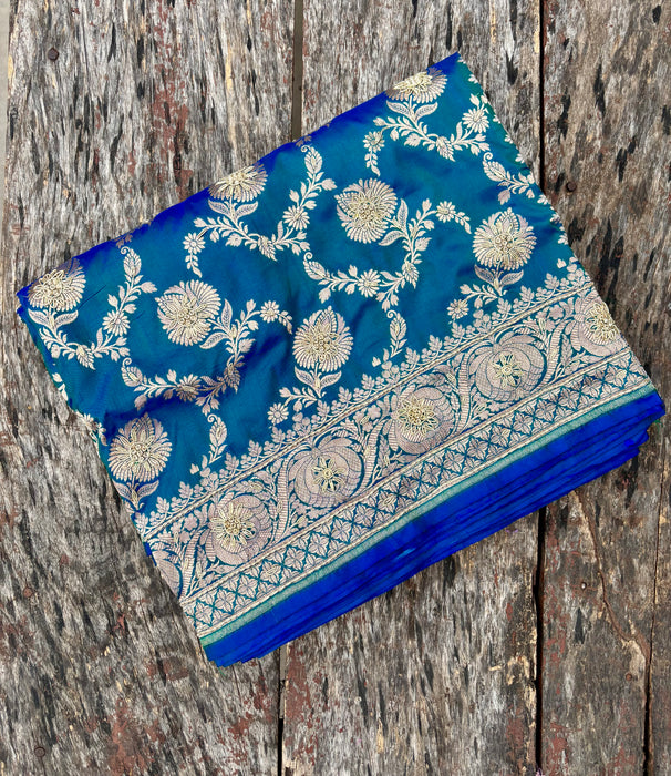 German Blue Pure Katan Banarasi Handloom Saree - All over Zardozi