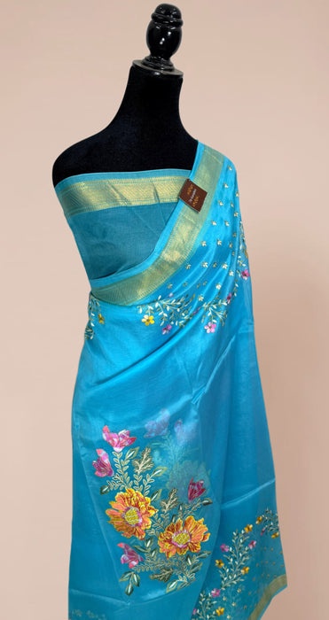 Blue Pure Organza Banarasi Handloom Saree - Chikankari