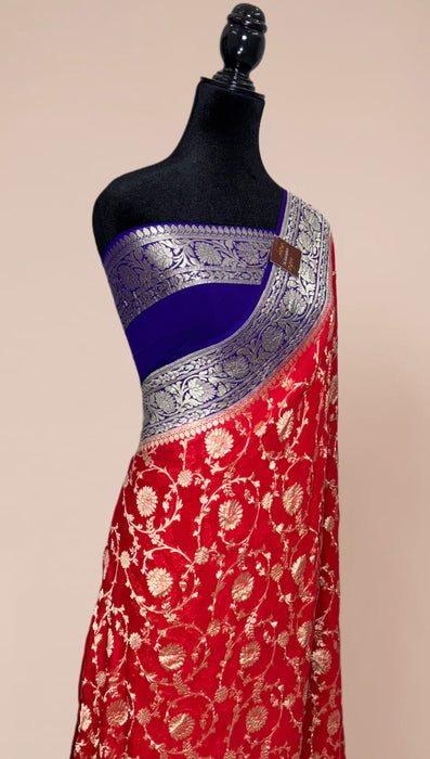 Red Khaddi Georgette Banarasi Handloom Saree - Water Zari Jaal