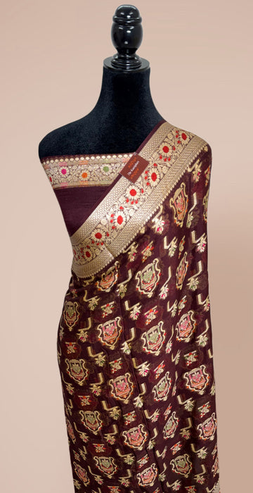 Brown Pure Khaddi Chiffon Banarasi Saree - Meenakari Work