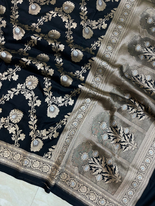 Black Pure Katan Banarasi Handloom Saree -Sona Roopa Jaal Work