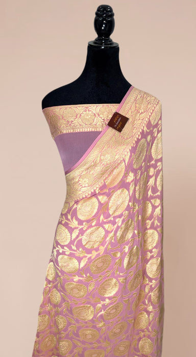 Indian Pink Khaddi Georgette Banarasi Handloom Saree - Water Zari