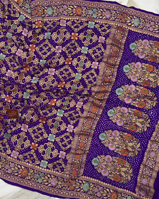 Handwoven Purple Pure Georgette Bandhani Banarasi Saree - Meenakari