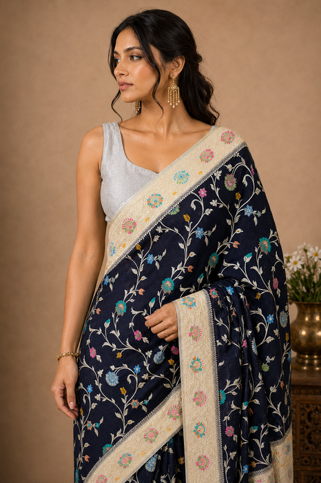 Black Pure Tussar Georgette Banarasi Handloom Saree - Designer Meenakari