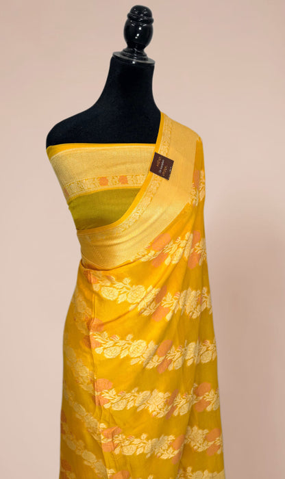Italian Yellow Pure Khaddi Chiffon Banarasi Saree