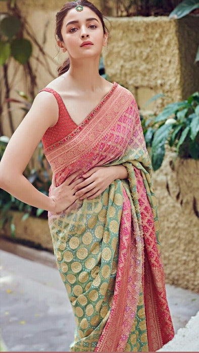 Alia Bhatt Pure Khaddi Georgette Banarasi Saree - Bandhani