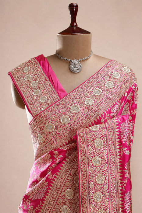 Pink Pure Katan Banarasi Handloom Saree - Zardozi Dabka Work