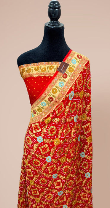 Handwoven Red Pure Georgette Bandhani Banarasi Saree - Meenakari Work