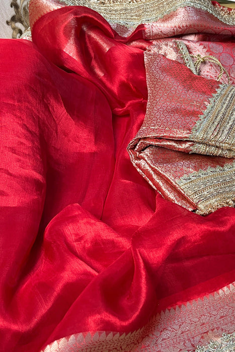 Red Pure Banarasi Tissue Handloom Saree - Designer Reshmi Zari