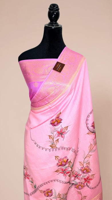 Pink Pure Silk Banarasi Handloom Saree - Hand Painted