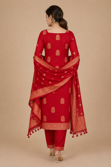 Red Pure Khaddi Georgette Banarasi Suit