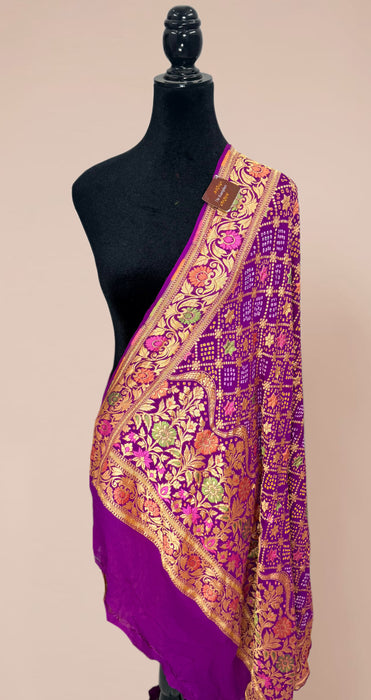 Purple Pure Georgette Bandhani Banarasi Handloom Dupatta