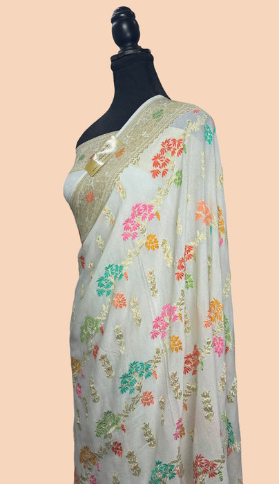 White Khaddi Georgette Banarasi Saree - Meenakari