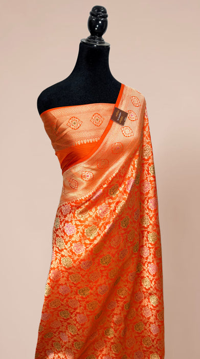 Orange Pure Katan Banarasi Handloom Saree - Meenakari Brocade Work