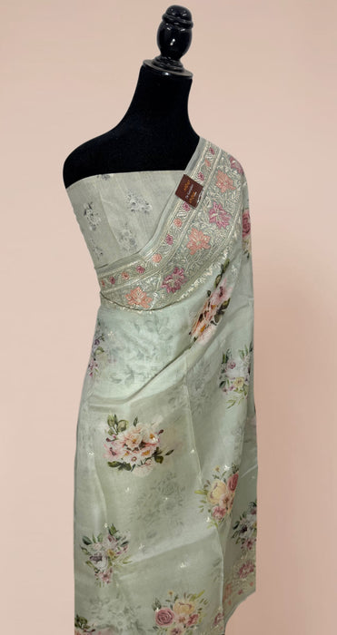 Gray Pure Organza Banarasi Handloom Saree - Chikankari with Digital Print