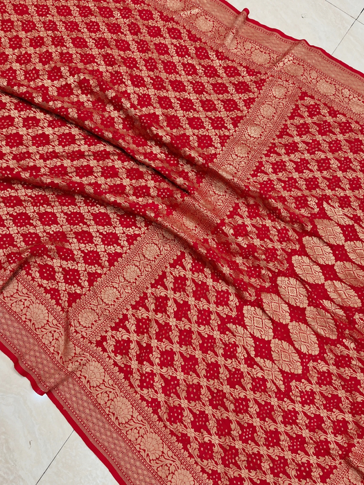 Red Pure Khaddi Georgette Bandhani Banarasi Saree