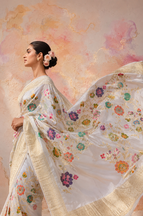 White Khaddi Georgette Banarasi Handloom Saree - Designer Meenakari Jaal