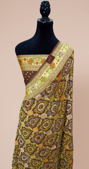 Handwoven Pure Georgette Bandhani Banarasi Saree - Meenakari Work