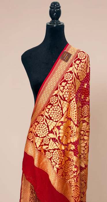 Red Pure Georgette Bandhani Banarasi Handloom Dupatta