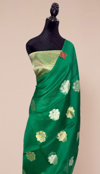Green Pure Kora Banarasi Handloom Saree - Meenakari Motifs