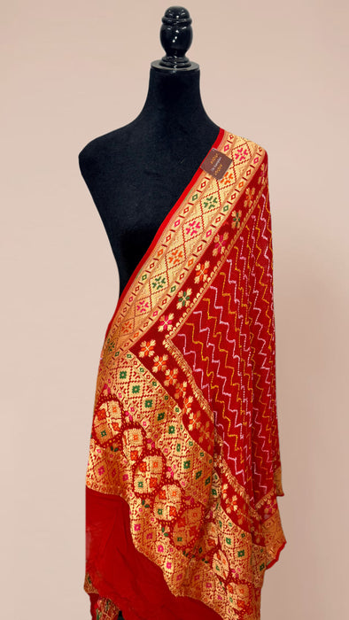 Red Pure Georgette Bandhani Banarasi Handloom Dupatta