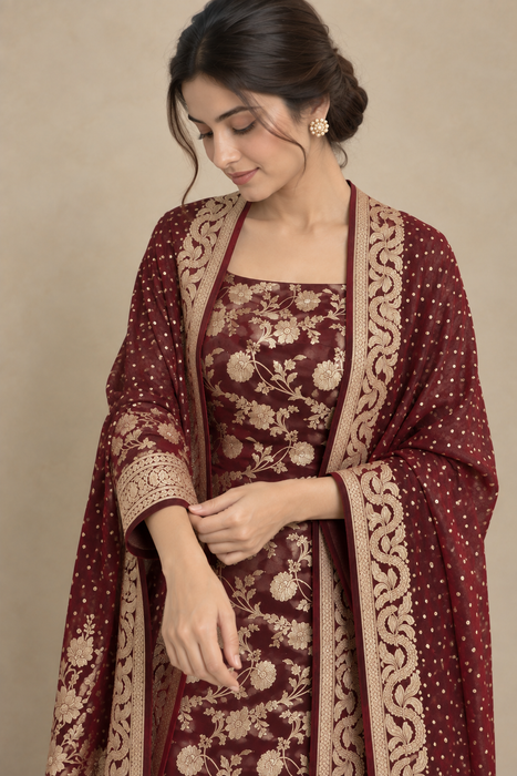 Brown Pure Khaddi Georgette Banarasi Suit