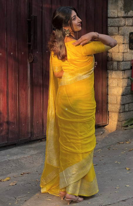 Yellow Pure Kadhwa Chiffon Banarasi Saree