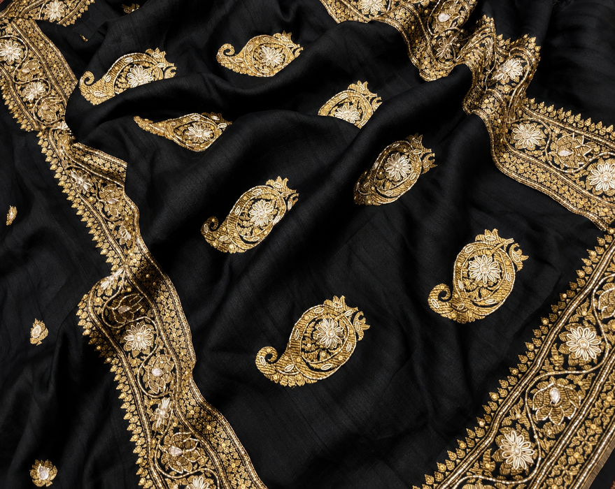 Black Pure Tussar Banarasi Handloom Saree - With Zardozi Work