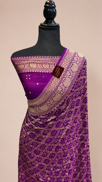 Purple Pure Khaddi Georgette Bandhani Banarasi Saree