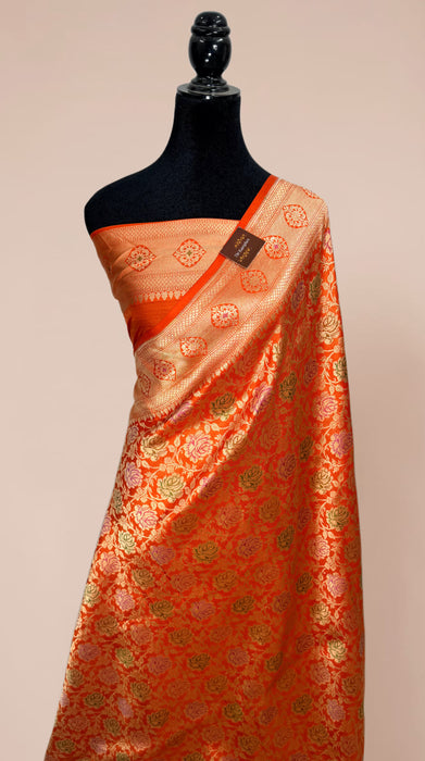 Orange Pure Katan Banarasi Handloom Saree - Meenakari Brocade Work