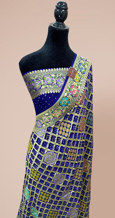 Handwoven German Blue Pure Georgette Bandhani Banarasi Saree - Meenakari Work