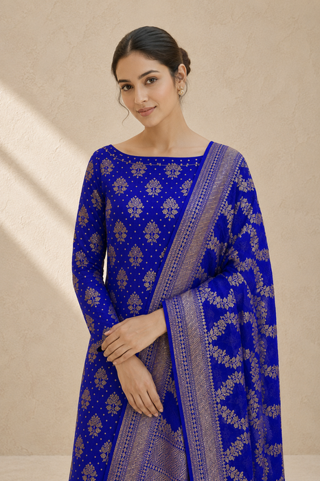 Blue Pure Khaddi Georgette Banarasi Suit